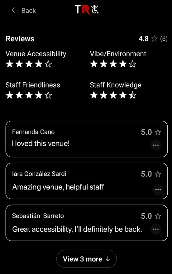 The Rockin' Chair app showing fan reviews rating a venue's accessibility, vibe, staff friendliness and staff knowledge