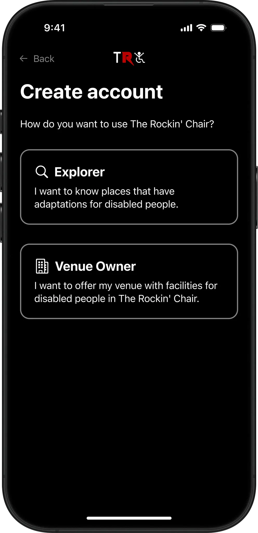 App screenshot: create account step